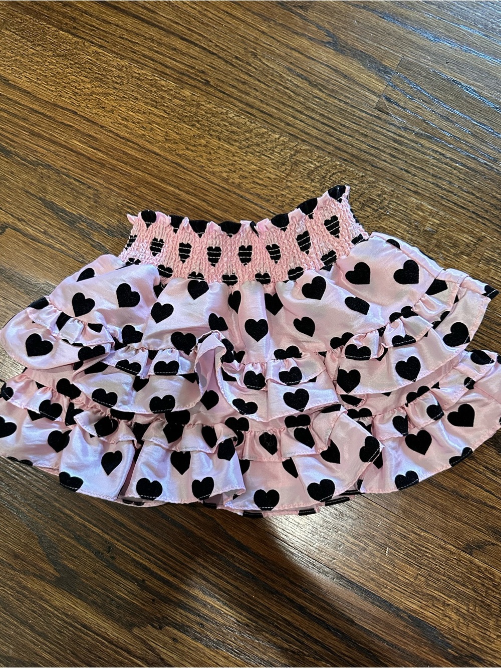 LoveShackFancy Pink Smocked Skirt with Black Heart Print